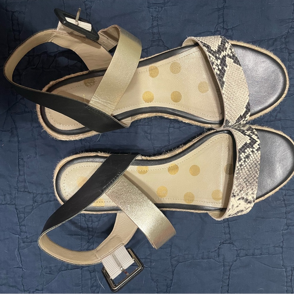 Boden Black and Gold Sandals with Adjustable Ankle Strap